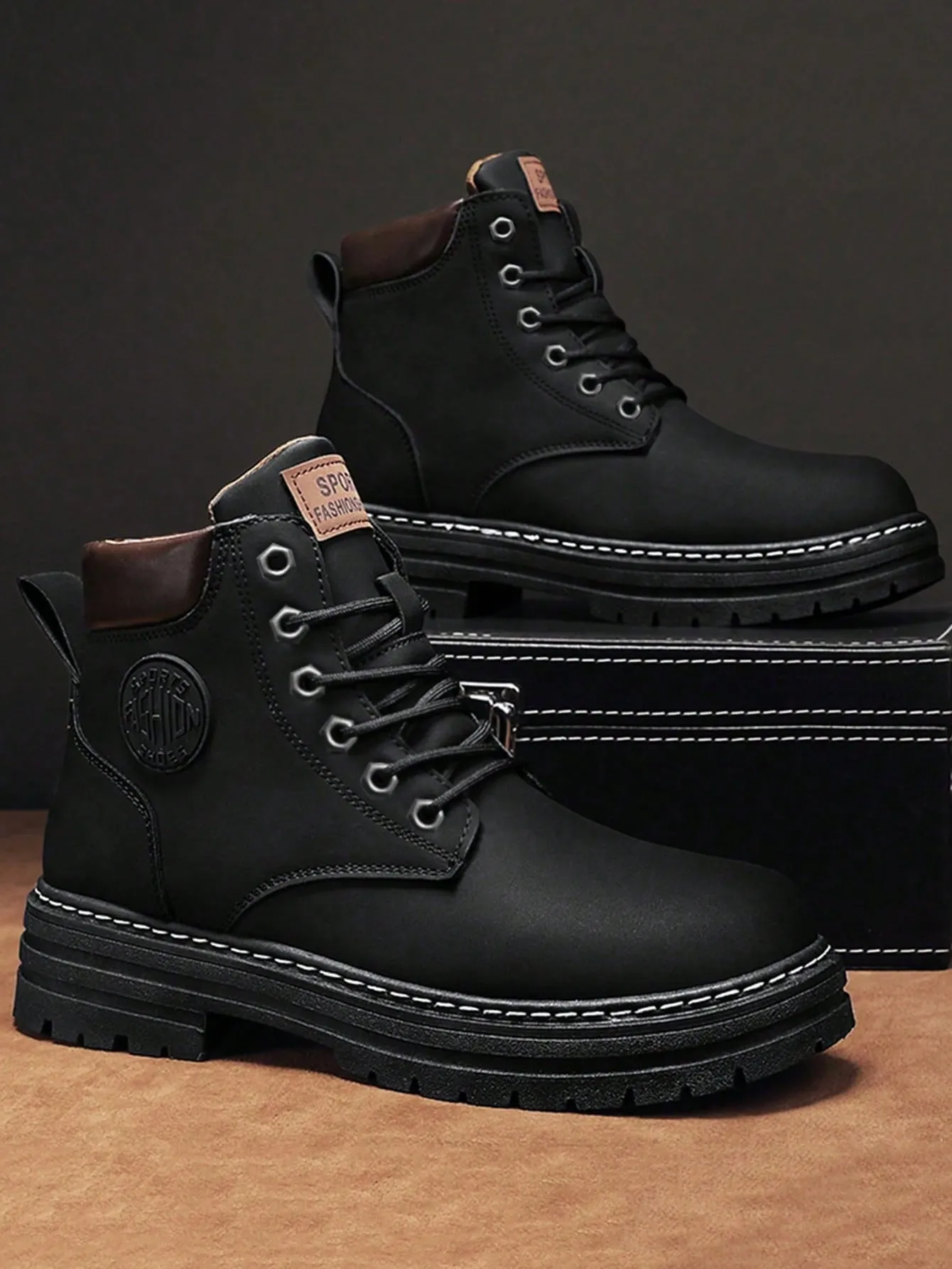 Black High Top Letter Decal Lace-up Closure Front View Work Boots With Steel Toe Cap