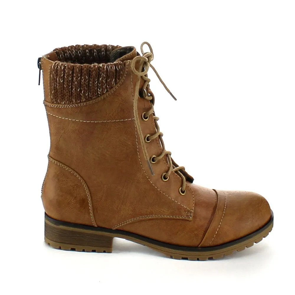 Refresh Women's Sweater Cuff Lace Up Combat Boots